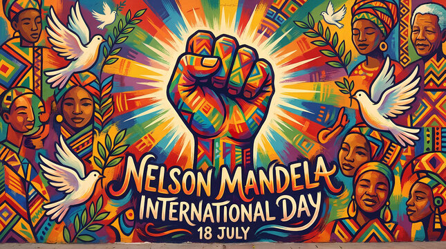 Nelson Mandela Day poster with raised fist and doves.