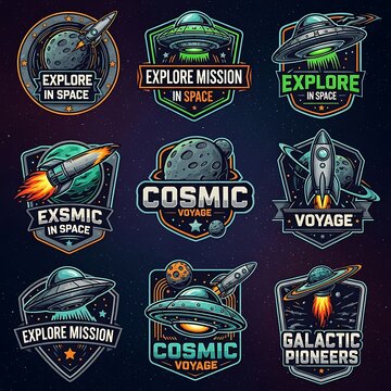 Set of space exploration badges with rockets and planets