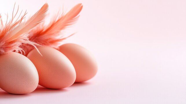 Easter Eggs and Feathers: A delicate composition featuring three light brown eggs and soft, pink feathers on a pastel pink background, evoking a sense of springtime and new beginnings.