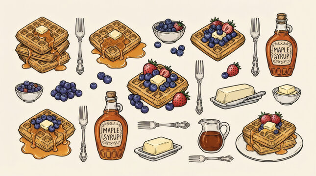 Collection of hand drawn National Waffle Day breakfast icons. Doodle drawings of Belgian waffles, maple syrup bottles, butter pats, fresh berries, and forks on background