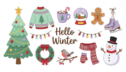 Fototapeta premium Cute Christmas and winter vector collection featuring tree snowman gingerbread man sweater wreath and hot cocoa on white background