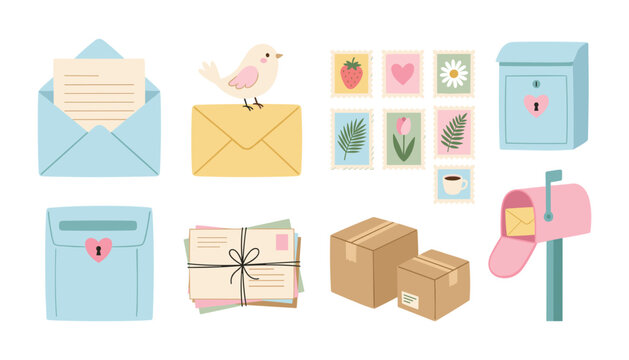 Cute postal service vector collection with pastel envelopes bird postage stamps mailboxes and delivery cardboard boxes on white background
