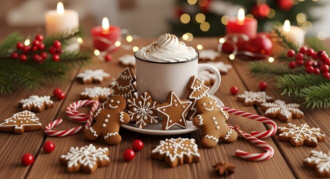 Christmas Gingerbread Cookies with Festive Holiday Decorations on Rustic Wooden Table Background