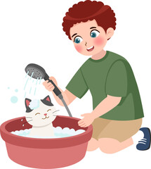 Boy Bathing Cute Pet Cat