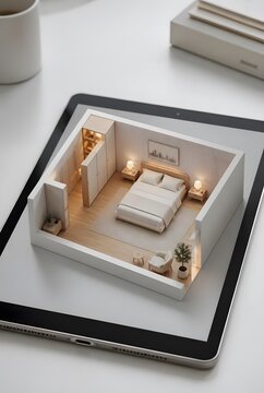 Dollhouse Bedroom Interior Displayed on a Digital Tablet