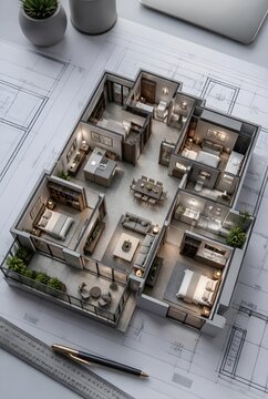 Dollhouse Apartment Layout on Architectural Blueprints with Ruler and Pen Design