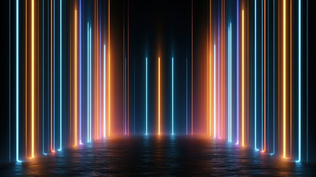 3d technology abstract neon light background, empty space scene, spotlight, dark night, virtual reality, cyber futuristic sci-fi background, street floor studio for mock up. colored geometric