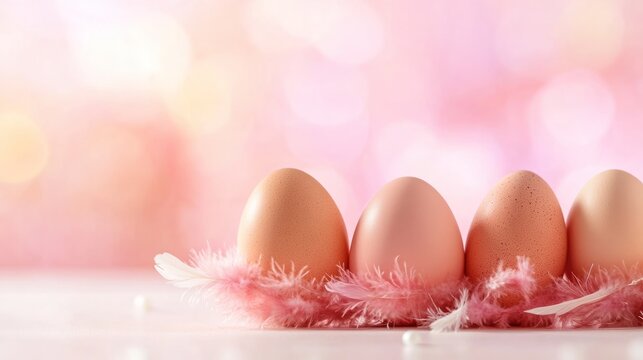 Pastel Easter Eggs Adorned with Feathers: A gentle and festive arrangement of pastel-hued Easter eggs nestled amongst delicate pink feathers, set against a soft, bokeh-filled background.