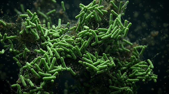 Microscopic view of green rod shaped bacteria colony representing microbiology and infectious disease
