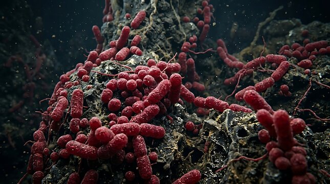 Microscopic View of Red Rod-Shaped Bacteria Colony Growing on a Dark Organic Surface Biofilm