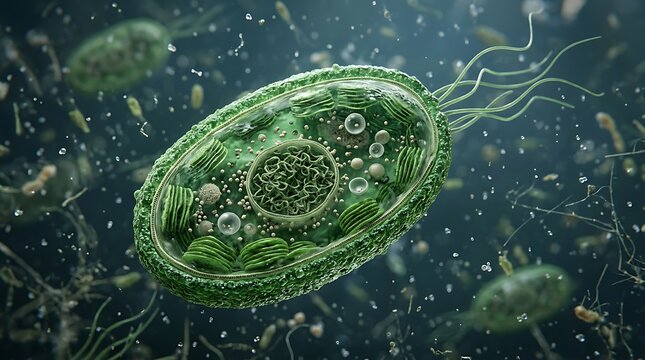 Detailed Scientific 3D Illustration of a Green Microscopic Cell with Organelles and Flagella