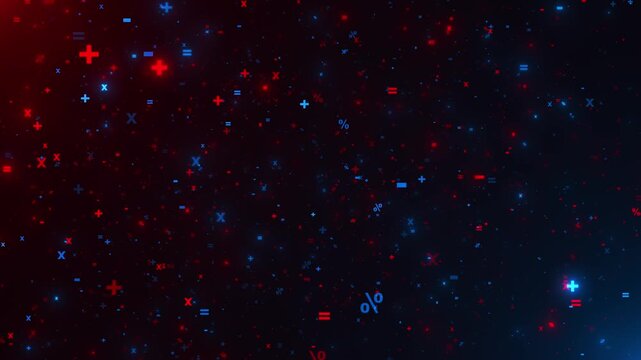 Red and blue mathematical symbols float across a dark gradient, creating an educational background for algebra, arithmetic, equation, finance, science, classroom lessons, and digital learning content.