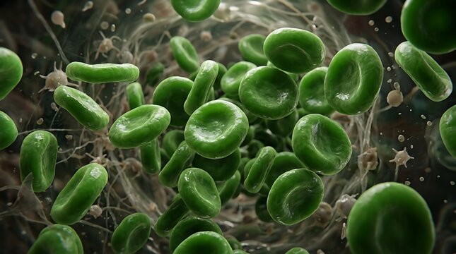 Microscopic 3D Rendering of Green Blood Cells Flowing Through a Biological Vessel or Artery