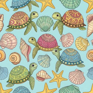 Colorful seamless pattern with sea turtles and shells