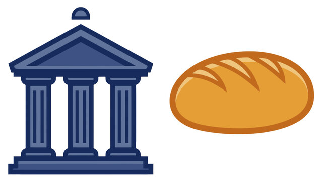 Blue classical architecture building with columns next to a golden brown baked bread loaf, symbolizing economic stability and basic human needs in flat vector style