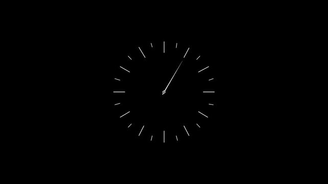 Minimal white clock marks and hands appear on a pure black background, creating a sleek analog timer graphic for countdowns, deadlines, schedules, waiting, timekeeping, and smooth motion design loops.