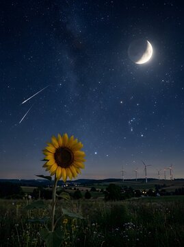 A solitary sunflower blooms under a starry night sky with a crescent moon, shooting stars, and distant wind turbines in the countryside
