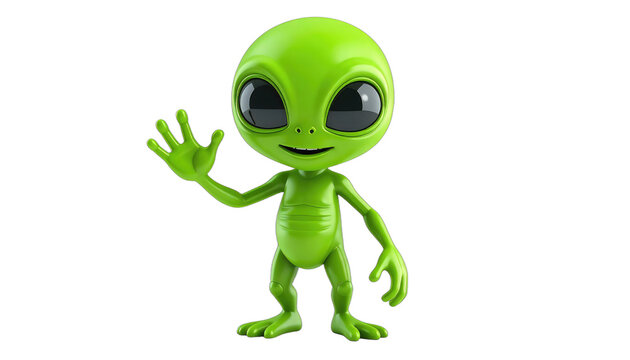 A friendly, cartoon-style green alien with large eyes waves its hand.