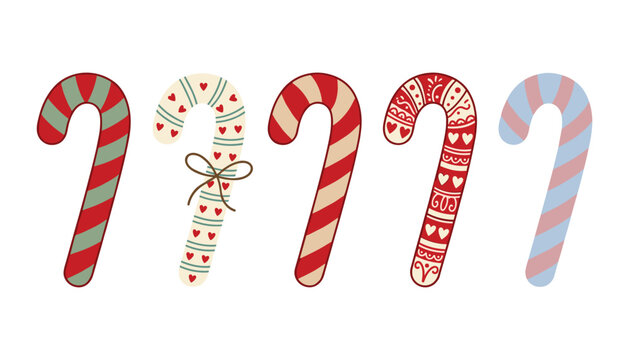 PrintChristmas candy cane vector collection with festive patterns hearts stripes and bows isolated on white background for holiday design