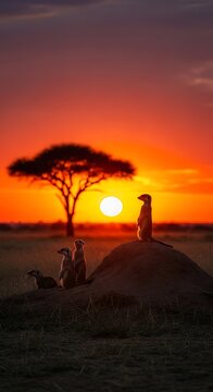 Alert Meerkat Family Watching Sunset on African Savanna Mound