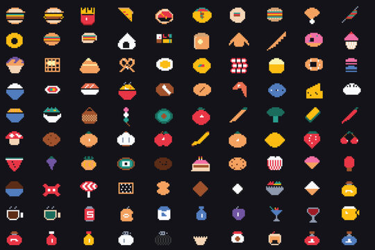 Retro Food & Drink Asset Pack 8 Bit Pixel Art Icons Vintage Kitchen Beverage Elements Set