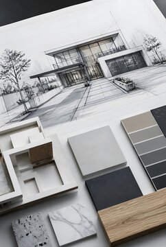Modern Architectural Blueprint and Material Samples on White Table
