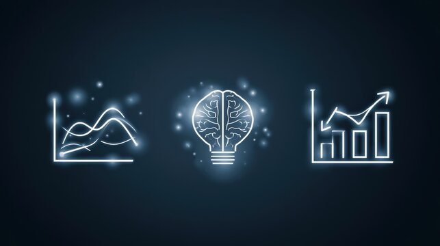 AI, Big Data, and business analytics icons represent the integration of advanced technology in analyzing graphs, business data, and market trends, driving strategic decisions and innovative solutions