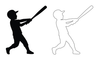 Kid baseball batter swinging bat vector set silhouette & line art outline icon for little league youth sports softball training & gameing