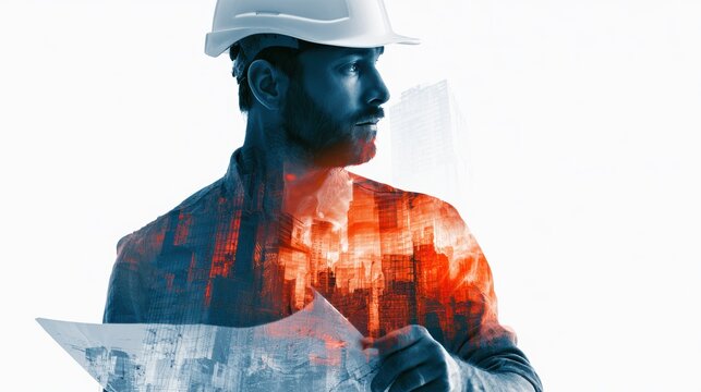 Double exposure photography of an engineer man look blue print, professional, building, urban, creative, communication, executive