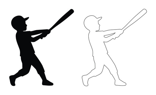 Kid baseball batter swinging bat vector set silhouette & line art outline icon for little league youth sports softball training & gameing