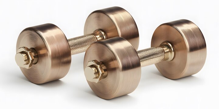 Two metallic dumbbells arranged diagonally on a white background showing a brushed bronze finish with hexagonal knurling on the handle.
