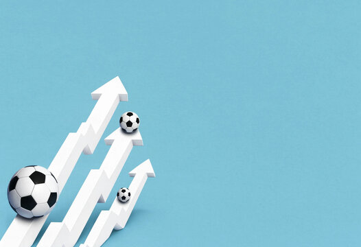 Conceptual Illustration of Soccer Balls on Upward Arrows Against Blue Background Representing Growth and Success in Sports