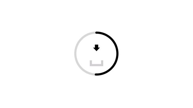 Minimal black download arrow sits inside a circular progress ring on a clean white background, presenting a simple transfer, loading, saving, installation, and file access concept for interface video.