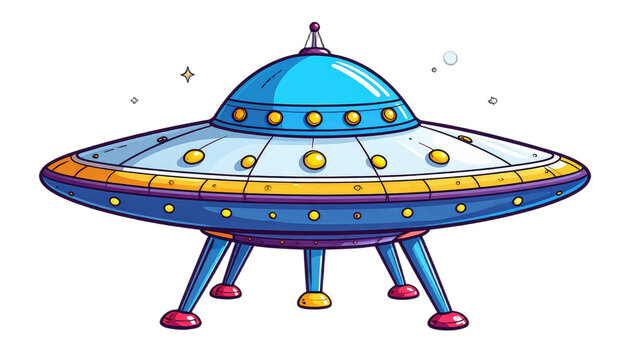 A vibrant, cartoon-style illustration of a flying saucer with a blue dome and silver body.