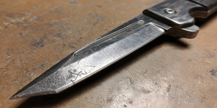 Closeup view of a worn metallic blade resting on a textured surface with visible scratches and wear marks along its edge.