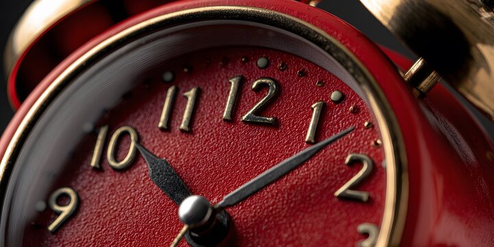 Vintage red alarm clock with gold numbers and hands showing time