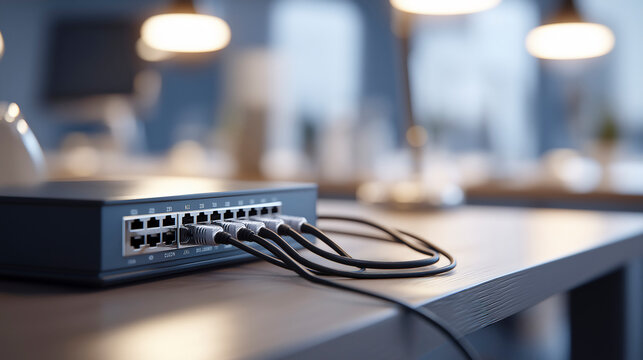 Network Switch with Ethernet Cables Connected on a Desk in an Office