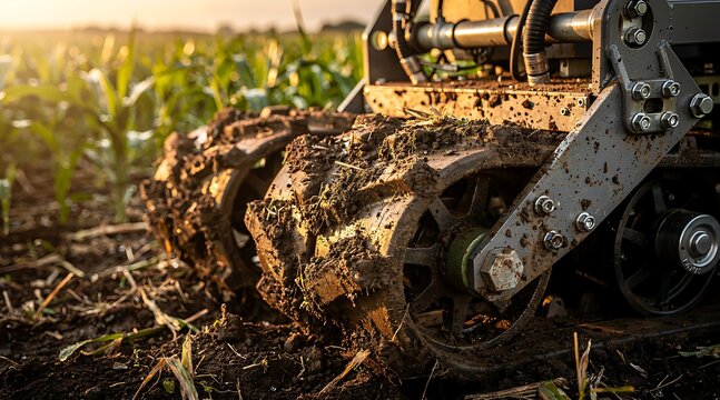 Close-up of a modern agricultural machine with tracks working in a muddy field at sunset.