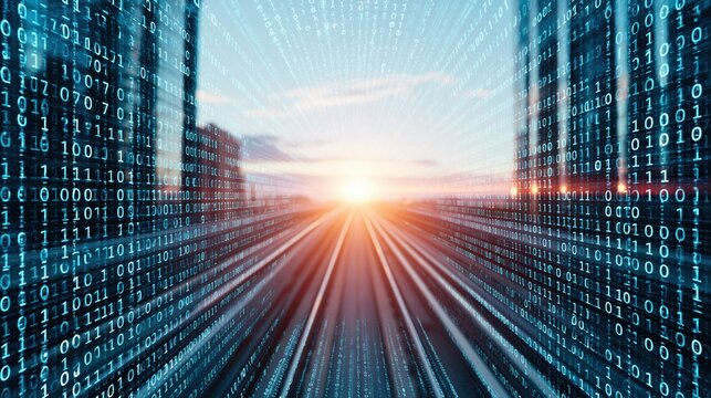 Technology and digital data stream in a futuristic abstract binary code tunnel