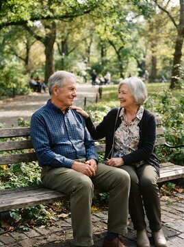 Elderly couple enjoying a conversation on a park bench surrounded by autumn trees.