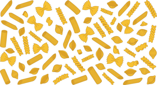 Assorted Italian pasta shapes seamless pattern background featuring cartoon penne farfalle fusilli conchiglie and rigatoni vector illustration isolated on white backdrop.