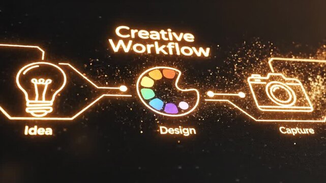 Creative workflow diagram displays a glowing neon sequence from idea to design and final capture to illustrate the systematic stages of professional artistic production.
