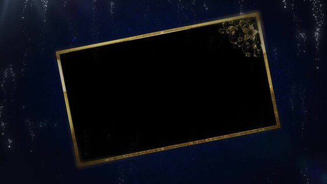Frame with a golden border sits against a dark navy blue background featuring subtle vertical streaks.