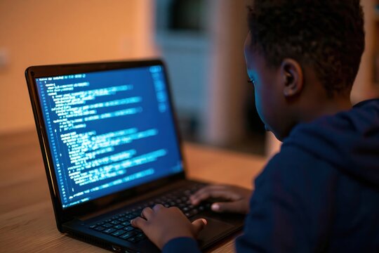 Boy child student coder working on software development and computer programming