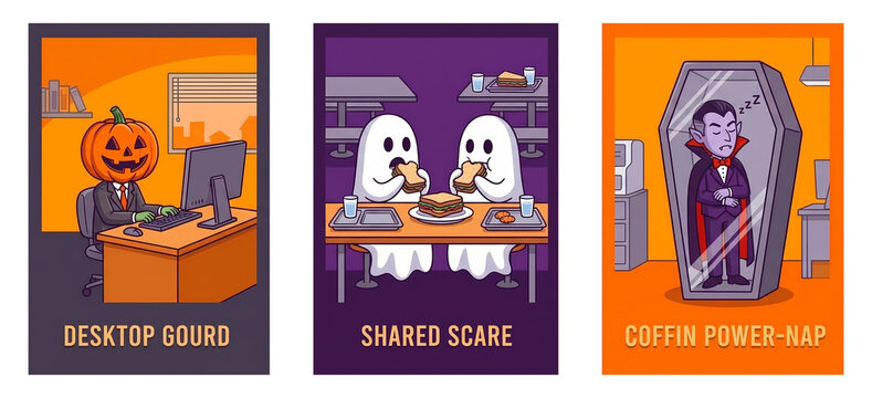 Collection of humorous corporate Halloween vector illustrations depicting classic monsters navigating everyday office tasks, HR scenarios, and workplace struggles