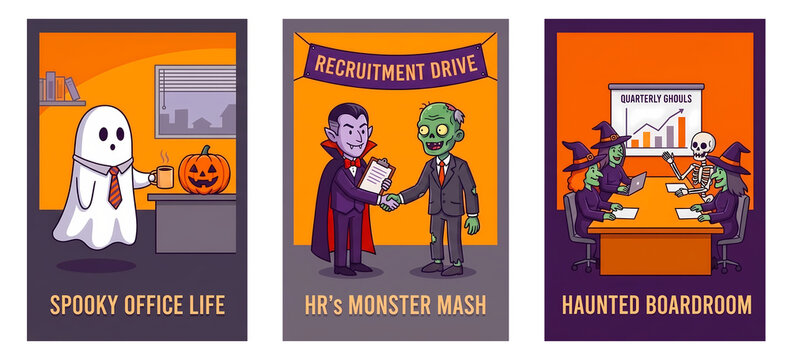 Collection of humorous corporate Halloween vector illustrations depicting classic monsters navigating everyday office tasks, HR scenarios, and workplace struggles