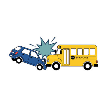 A yellow school bus and a blue car involved in a vehicle traffic accident collision Vector
