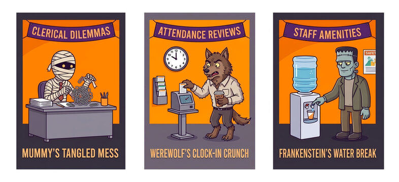 Collection of humorous corporate Halloween vector illustrations depicting classic monsters navigating everyday office tasks, HR scenarios, and workplace struggles