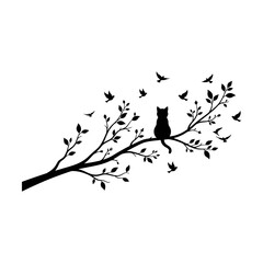 Black silhouette of a cat sitting on a tree branch with flying birds in a minimalist style Vector