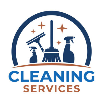 Cleaning services logo with broom squeegee and spray bottles for home or office maintenance Vector